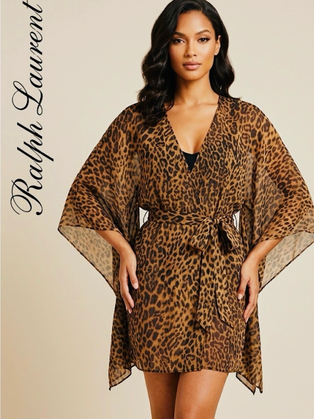Lauren Ralph Lauren Leopard Print Sheer Swim Cover Up Tunic Kimono Robe One Size